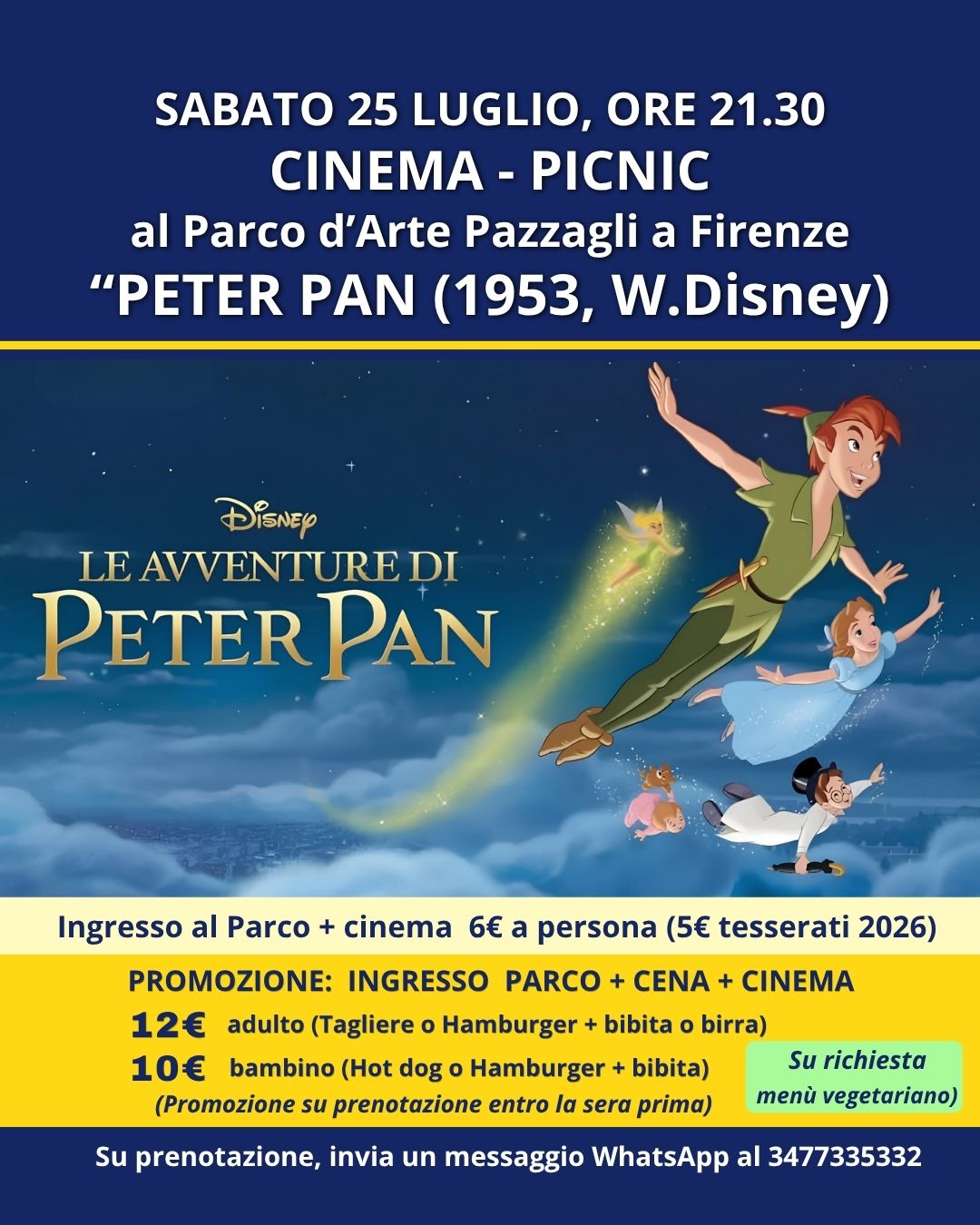 CINEMA-PICNIC AL PARCO D’ARTE PAZZAGLI A FIRENZE. Sabato 25 Luglio, ore 21:30 “PETER PAN" (1953, W.Disney),