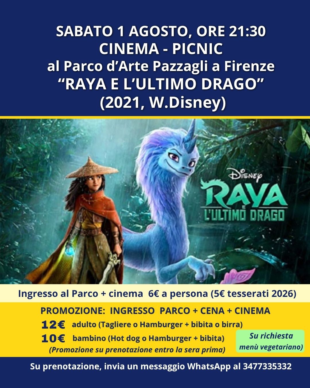 CINEMA-PICNIC AL PARCO D’ARTE PAZZAGLI A FIRENZE. Sabato 1 Agosto, ore 21:30, "RAYA E L'ULTIMO DRAGO" (W.Disney, 2021)